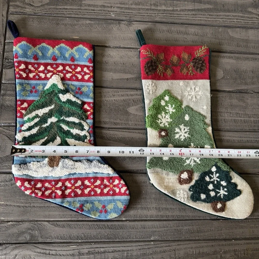 Vintage Needlepoint Christmas Tree Wool Stockings Rustic Cabin Lodge Velvet Back